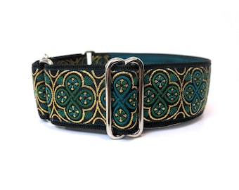 Teal martingale dog collar, greyhound collar, sighthound collar, bespoke collar, made to measure, nickel plated hardware
