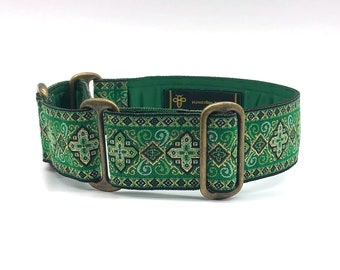 Martingale dog collar suitable for greyhounds. Green black and gold 1.5" wide metallic effect ribbon with antique brass effect hardware