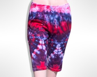 XL Purple and Magenta Pink Ice-Dye Biker Shorts, Tie-Dye Bermuda Shorts, Fitted Mid-Thigh Shorts