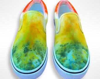 Unisex Size 9.5/7 Spring Fling Green, Orange and Yellow Tie-Dye Slip-on Shoes, St Patrick’s Day Shoes, Festival Footwear, Easter Shoes