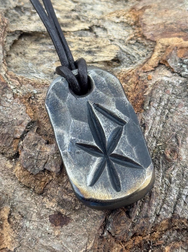 Viking Bind Rune Iron Pendant with leather or wax cotton cord, Blacksmith Made. Love