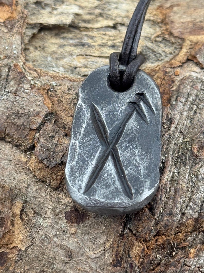 Viking Bind Rune Iron Pendant with leather or wax cotton cord, Blacksmith Made. Good Luck