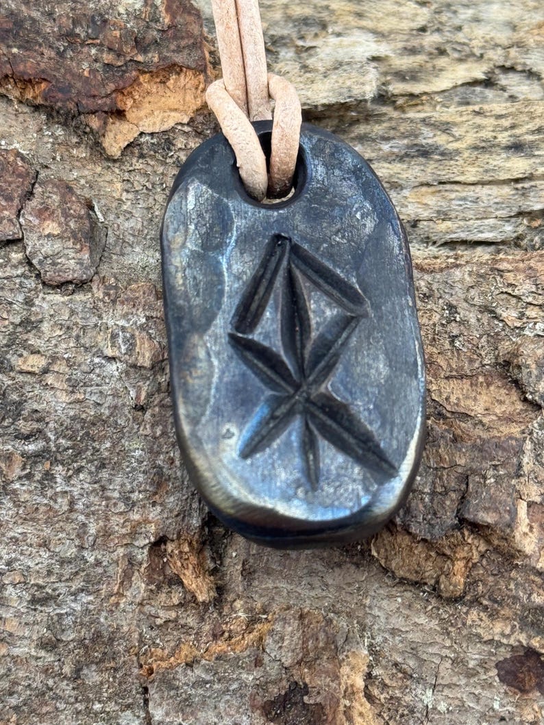 Viking Bind Rune Iron Pendant with leather or wax cotton cord, Blacksmith Made. Courage