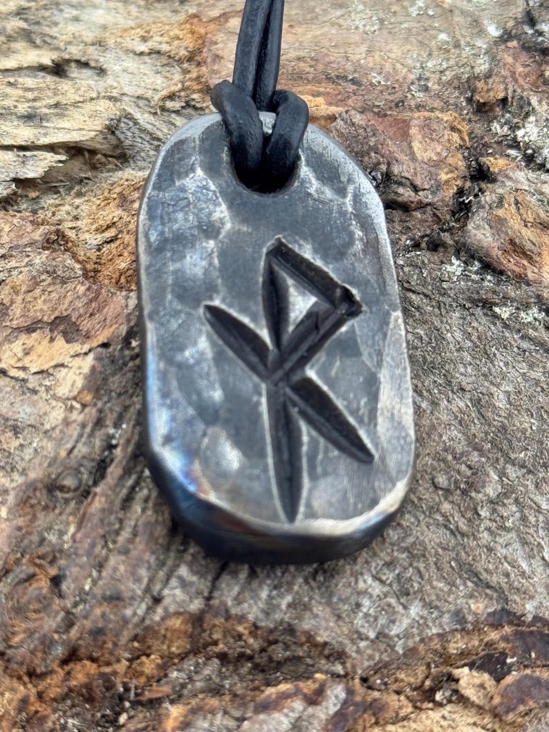 Viking Bind Rune Iron Pendant with leather or wax cotton cord, Blacksmith Made. Safe Travels