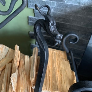 Dragon head log fire poker & tool range - blacksmith made, hand Forged.