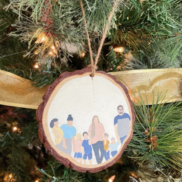 Hand Painted Family Portrait Illustration Wooden Ornament | Christmas Gift | Handmade | Custom | Wood Slice