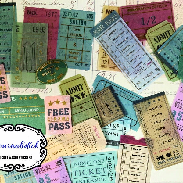 20 piece Ticket Washi Sticker set with metallic ink highlights. Scrapbooking, junk journalling, bullet journal, retro, vintage tickets.