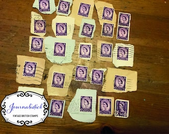 25 Vintage Purple Queen Elizabeth Stamps, British Postal Ephemera