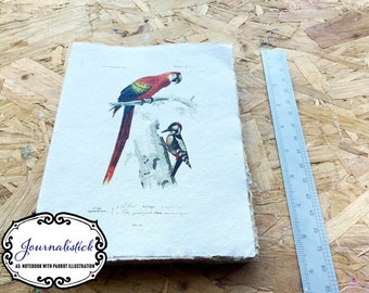Unique A5 Handmade Paper Notebook with illustrations of a parrot and woodpecker.Scrapbooking, Junk journalling, bullet journalling,