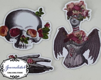 Floral Steampunk Skull Vinyl Stickers, Halloween Decor (Set of 12)