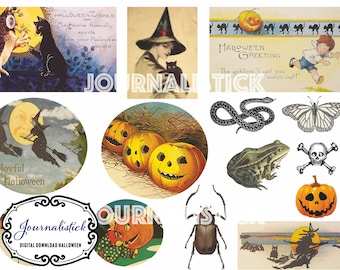 Digital download of vintage Halloween postcards, badges and retro images. 28 images in total. Supplied as an 2 A4 sheets. Instant Download.