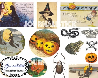 Vintage Halloween-vykort, märken, retrobilder (digital nedladdning)