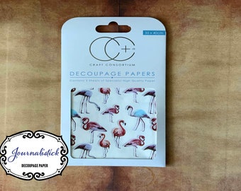 Decoupage paper pack containing 3 sheets of 1 design of Flamingos.