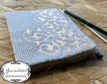 Recycled paper blue notebook A6 with gold pattern on cover. Scrapbooking, Junk journalling, bullet journalling.