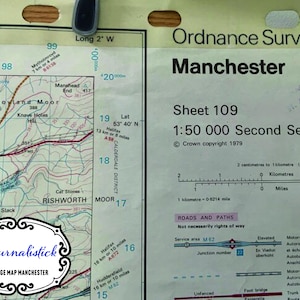 Manchester UK Wandkarte, Ordnance Übersichtskarte, Vintage Stadtplan von Manchester, 1979 Wandkarte, Straßenkarte von Manchester, UK Straßenkarte