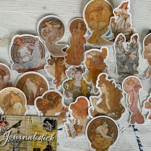 19 piece Alphonse Mucha Art Nouveau Sticker set. Scrapbooking, junk journalling, Art Stickers, card making.