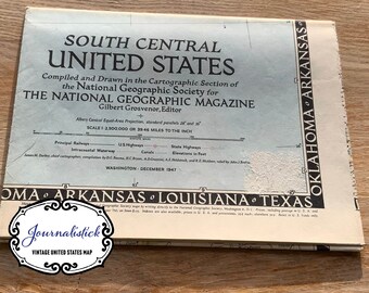 South Central United States vintage national geographic magazine map dated June 1954. Travel Ephemera