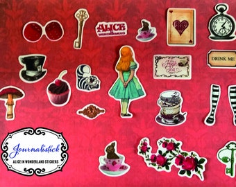 Charming Alice in Wonderland sticker collection, ideal for Scrapbooking/Junk journaling projects.