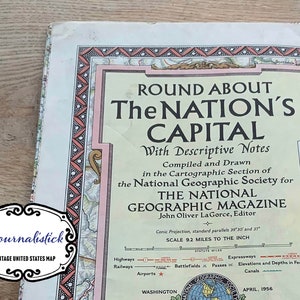 Round the Nation's Capital United States vintage national geographic magazine map fechado en junio de 1956. Viaje Efímera
