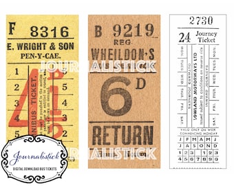 A collection of vintage bus tickets. Paper ephemera, junk journal, digital download, scrapbooking, antique, vintage typography.