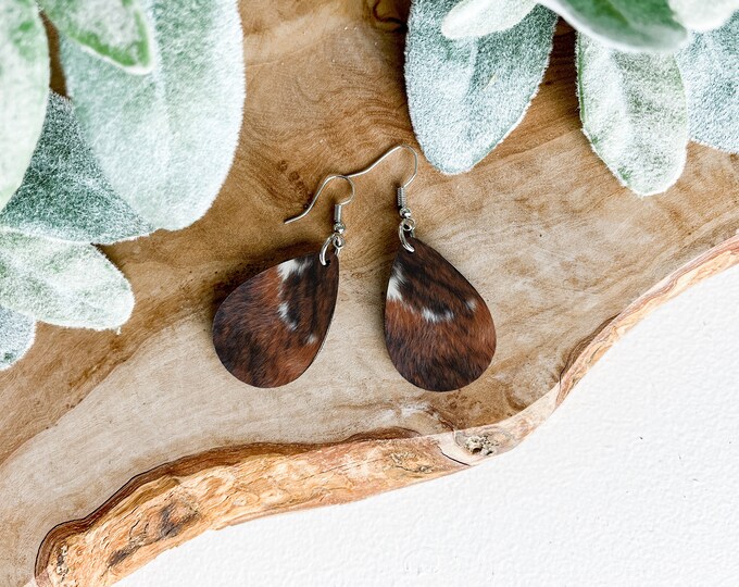 Brown Cow Print Teardrop Earrings