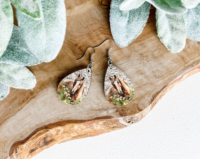 Horse With White Background Print Teardrop Earrings
