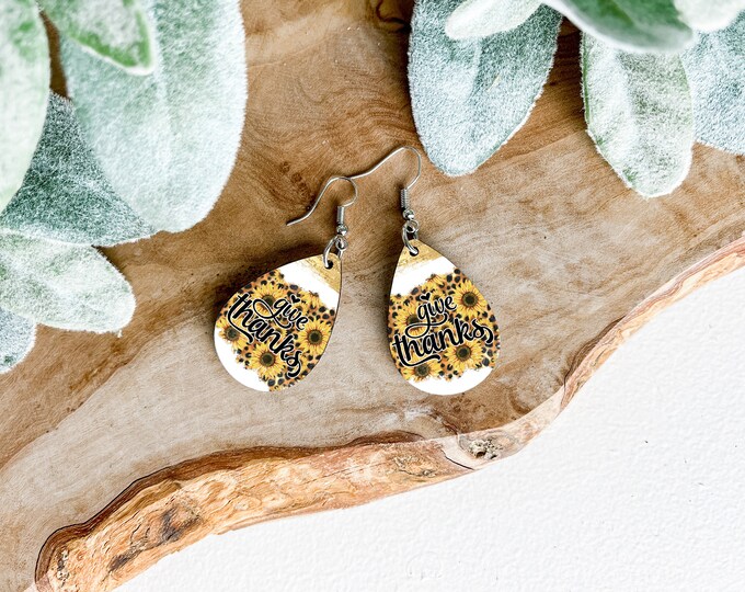 Give Thanks Sunflower Print Teardrop Earrings