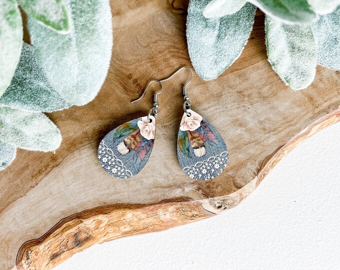 Feather and Lace Teardrop 2 Sided Earrings