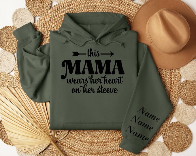 This Mama Wears Her Heart On Her Sleeve Hoodie or Sweatshirt Color Options