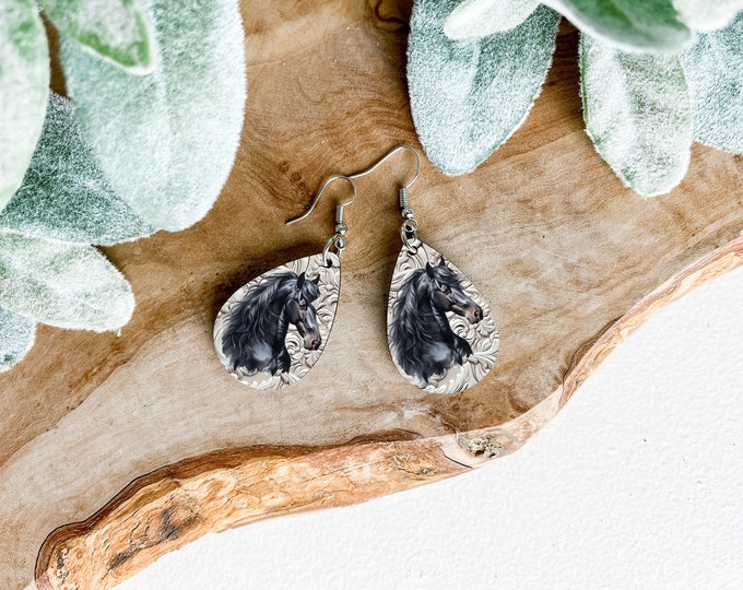 Black Horse on white Print Teardrop Earrings