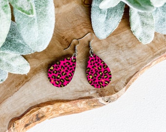 Leopard Print Pink Teardrop 2 Sided Earrings