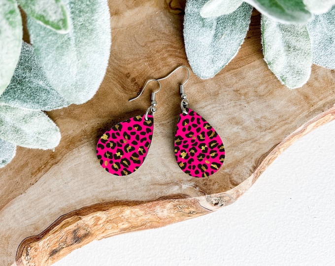 Leopard Print Pink Teardrop 2 Sided Earrings