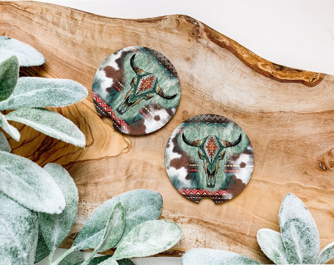 Western Cow Skull Print Brown  Coaster Set of 2
