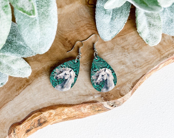White Horse Print Teardrop Earrings