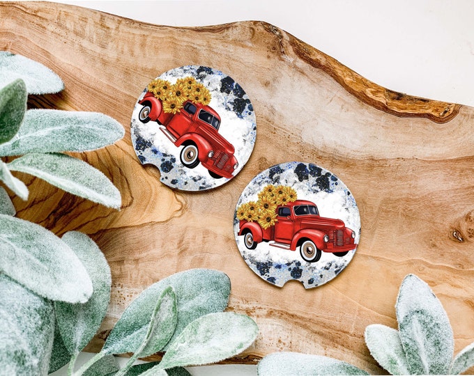 Red & Blue Rustic Trucks:  Car Coasters Set of 2