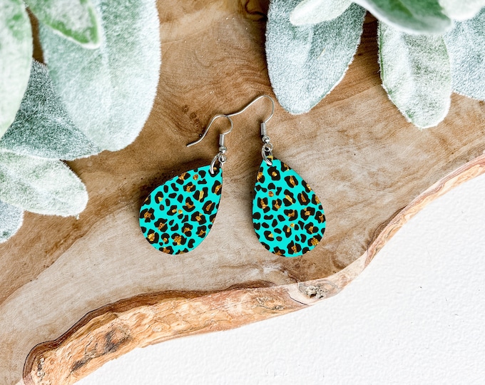 Blue Leopard Print Teardrop Earrings