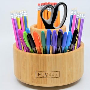 Rotating Pencil Holder for School-Office-Home, Plastic-free Bamboo Organizer, Makeup Brush Holder, Handy Art Supply Access, Kitchen Utensils