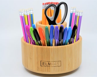 Rotating Pencil Holder for School-Office-Home, Plastic-free Bamboo Organizer, Makeup Brush Holder, Handy Art Supply Access, Kitchen Utensils