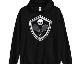 Skull and Rackets Tennis Hoodie, Men and Women All Sizes, Black Hoodie