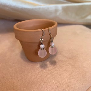 Beautiful pink glass and mother of pearl dangle drop earrings, silver plated ear wire, handmade, dainty