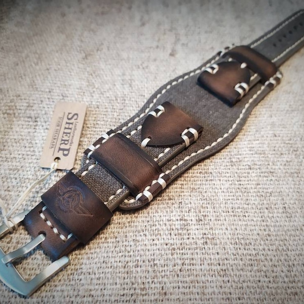 BundStrap.Leather Watch Band.Cuff strap.Canvas and leather watch strap.Handmade vintage aviator style.18,20,22,24mm.Light thread.