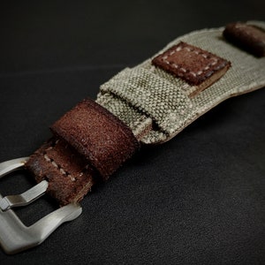 Correa de reloj Bund de lona y cuero hecha a mano: brazalete de aviador vintage