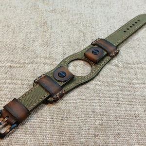 Correa de reloj vintage Bund hecha a mano: lona y cuero, estilo militar (20/22/24 mm)
