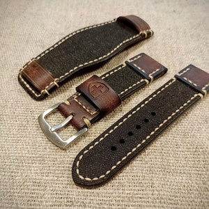 Correa de reloj vintage Bund hecha a mano: tejido vaquero negro y puño de cuero (18/20/22/24 mm)