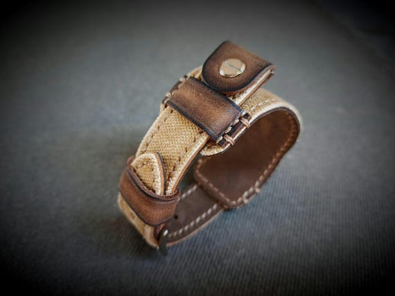 BundStrap.Handmade Vintage Aviator Watch Strap - Distressed Leather & Camel color Canvas - Bund Style.Open-ended.