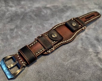 BundStrap.Bracelet de montre en cuir.Bracelet de montre en cuir.Bracelet manchette.Style vintage fait main.20,22,23,24 mm.Marron foncé.Vieilli artificiellement.