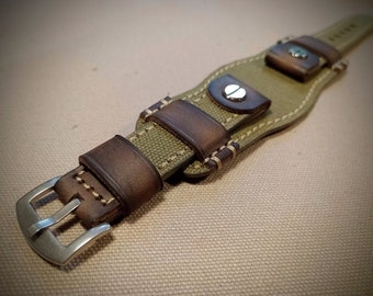 BundStrap.Кожаный ремешок для часов.Холст и кожаный ремешок для часов. Винтажный авиатор ручной работы.18,20,22,24мм,Military green canvas.