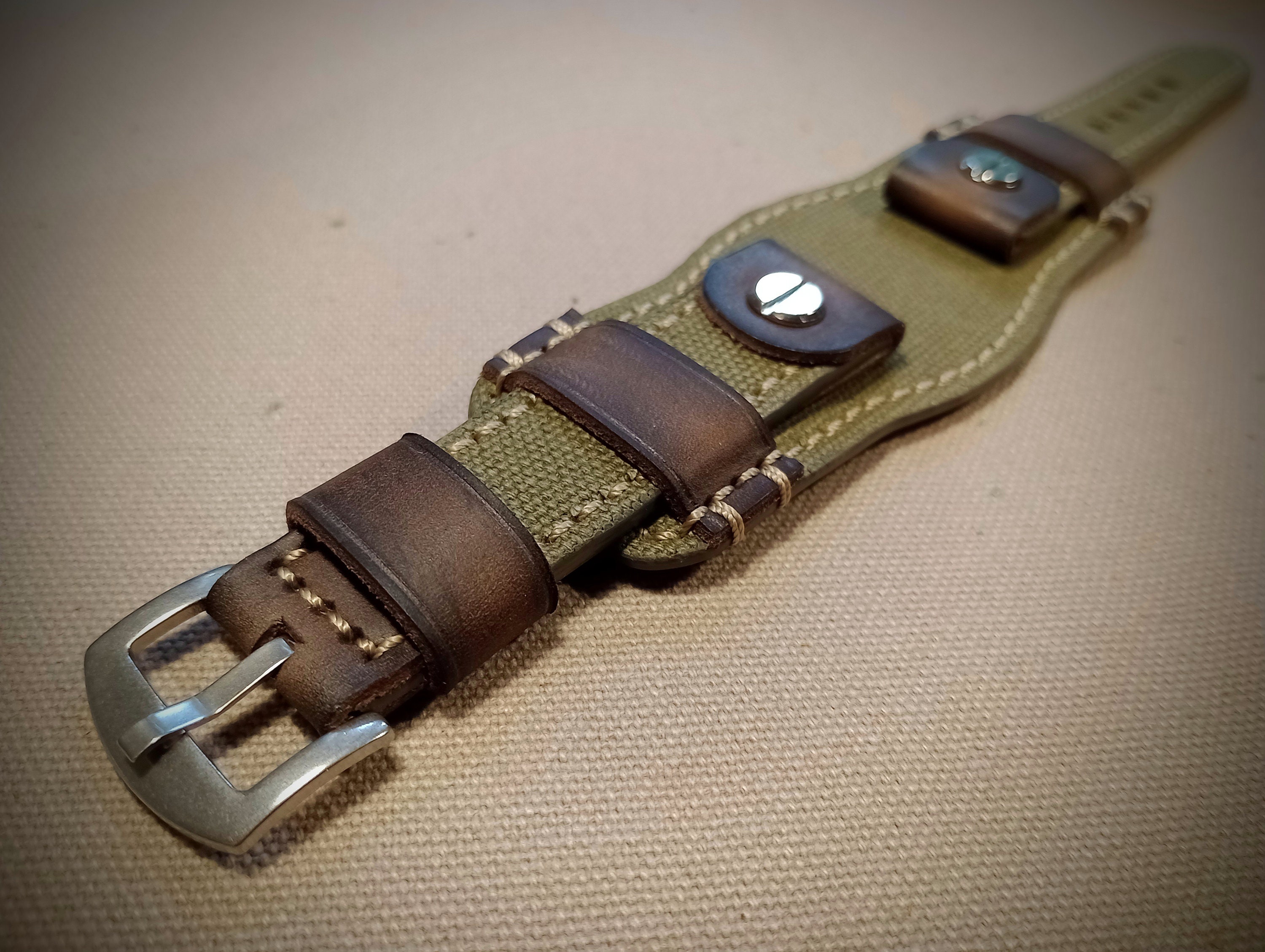 BundStrap.Кожаный ремешок для часов.Холст и кожаный ремешок для часов. Винтажный авиатор ручной работы.18,20,22,24мм,Military green canvas.