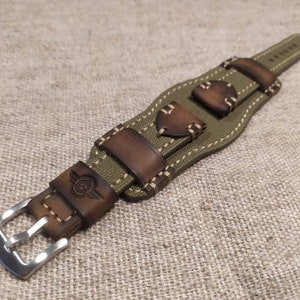 BundStrap.Кожаный ремешок для часов.Cuff strap.Зеленый Холст и кожаный ремешок для часов. Винтажный авиатор ручной работы.18,20,22,24mm,
