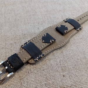 Correa de reloj Bund hecha a mano: brazalete de lona y cuero vintage, 18-24 mm